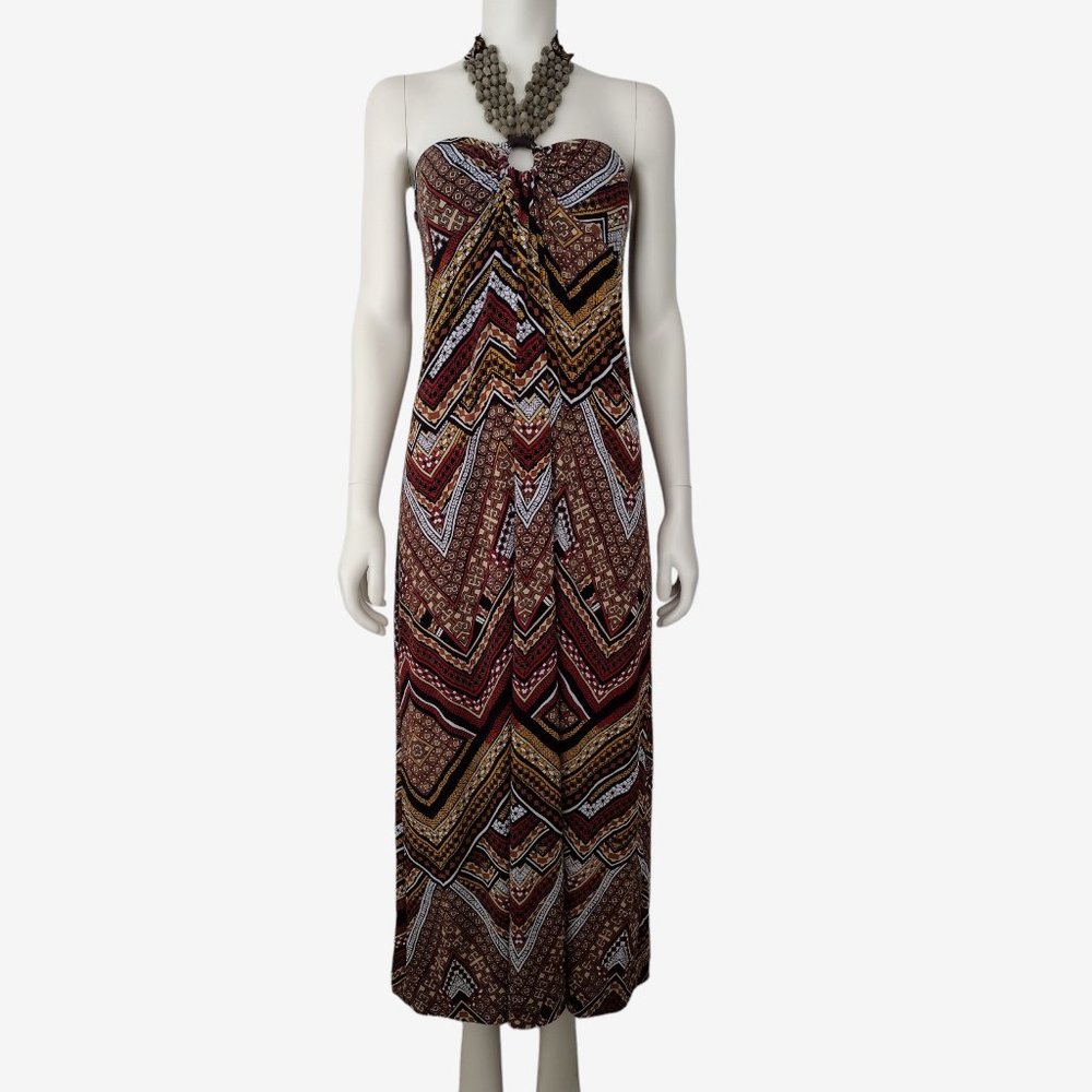 VTG 2000s Sleeveless Multicolored Striped Geometric Beaded Halter Dress